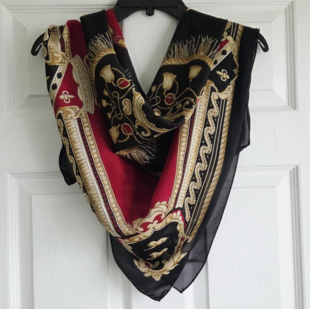 Vintage Elaine Gold 80s 90s ✨️ Elegant Black and Red Baroque-Print Women's Scarf